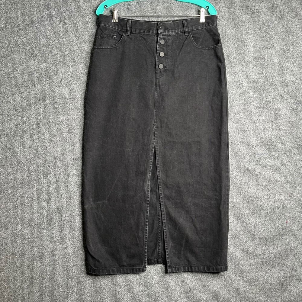 Bimba Y Lola Black Denim Maxi Skirt Button Fly Front Slit Size 44 High Waist